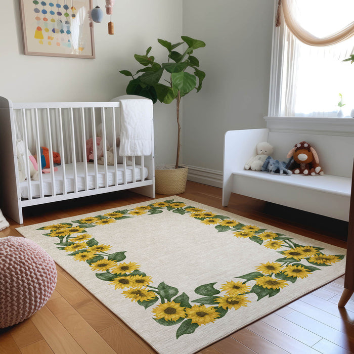 9' X 12' Geometric Washable Area Rug With UV Protection - Yellow / Ivory
