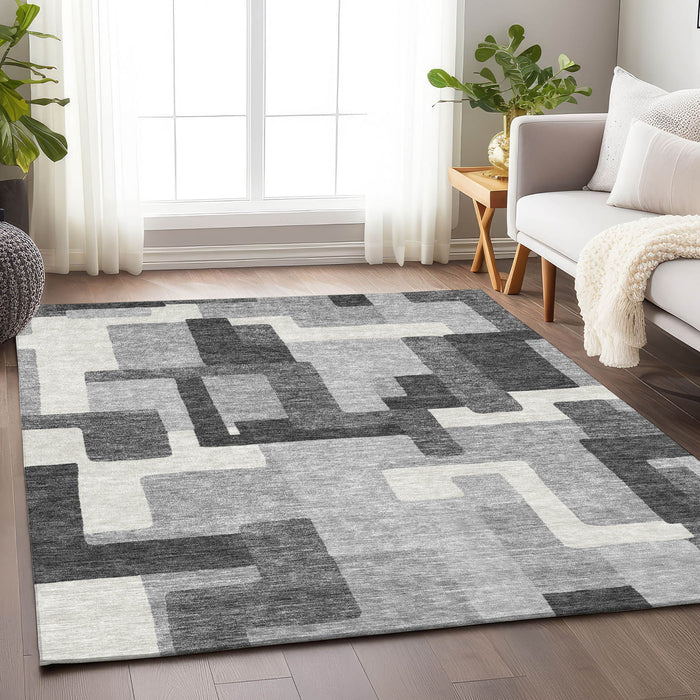9' X 12' Abstract Geometric Washable Area Rug With UV Protection - Gray