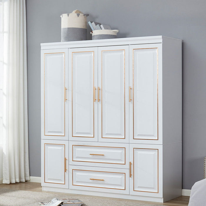 HomeRoots 79-inch six-door two-drawer combo dresser in gold and white, showcasing spacious wardrobe and storage design