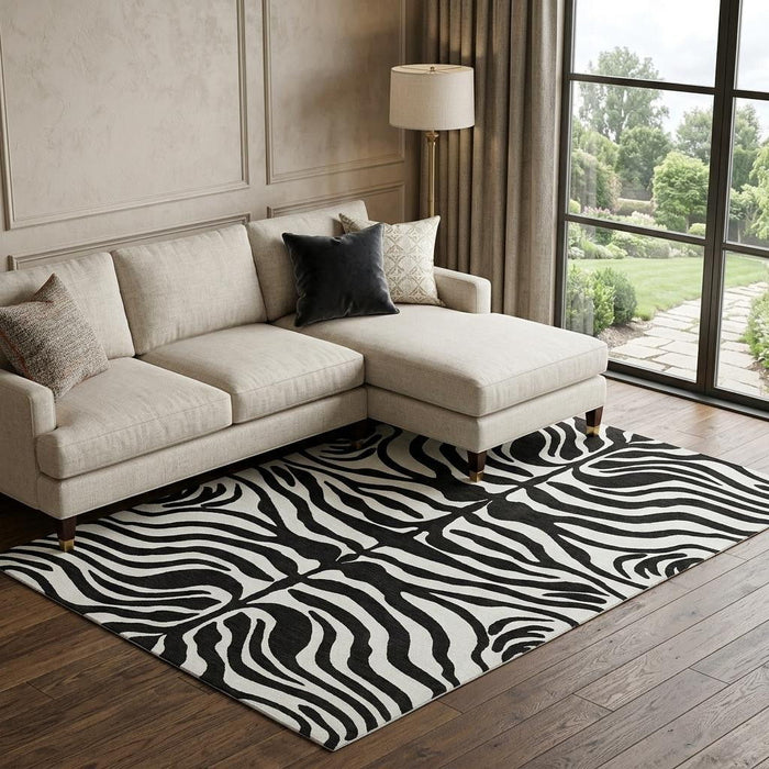 10' X 14' Animal Print Washable Area Rug With UV Protection (681743) - Black / Ivory