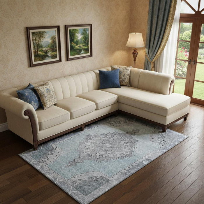 10' X 14' Oriental Washable Area Rug With UV Protection (699496) - Sky Blue / Gray