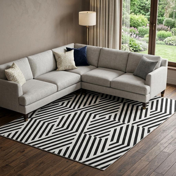 8' X 10' Geometric Washable Area Rug With UV Protection (648518) - Black / Ivory