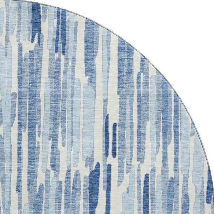 8' Abstract Polyester Washable Round Rug With UV Protection - Blue And Ivory