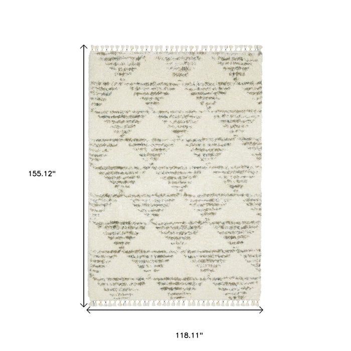 10' X 13' Geometric Shag Area Rug With Fringe - Ivory And Green
