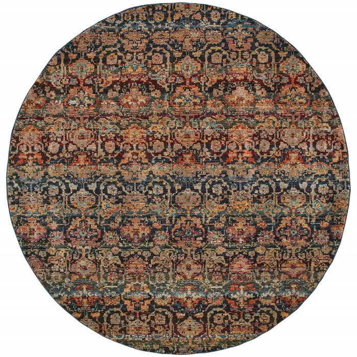 7.9' x 7.9' Round Abstract Power Loom Area Rug - Blue And Ivory