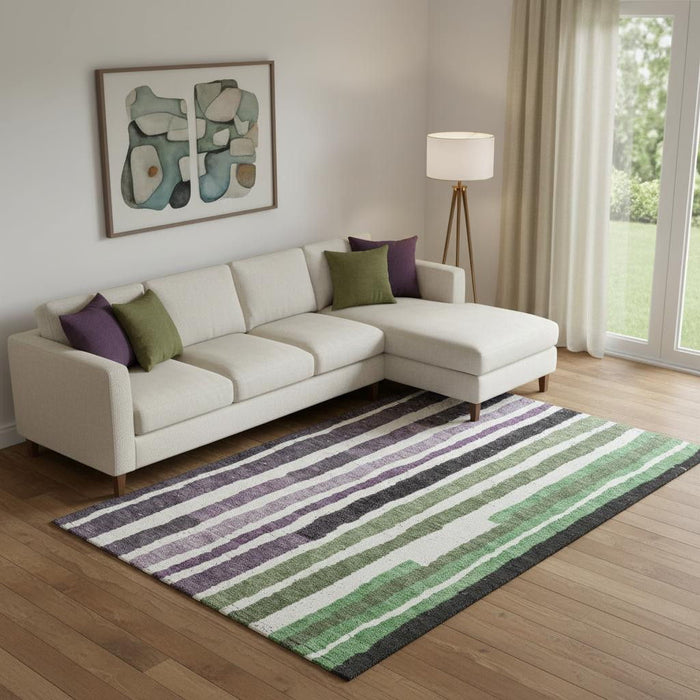 10' X 14' Striped Washable Area Rug With UV Protection (709504) - Purple / Green / Ivory