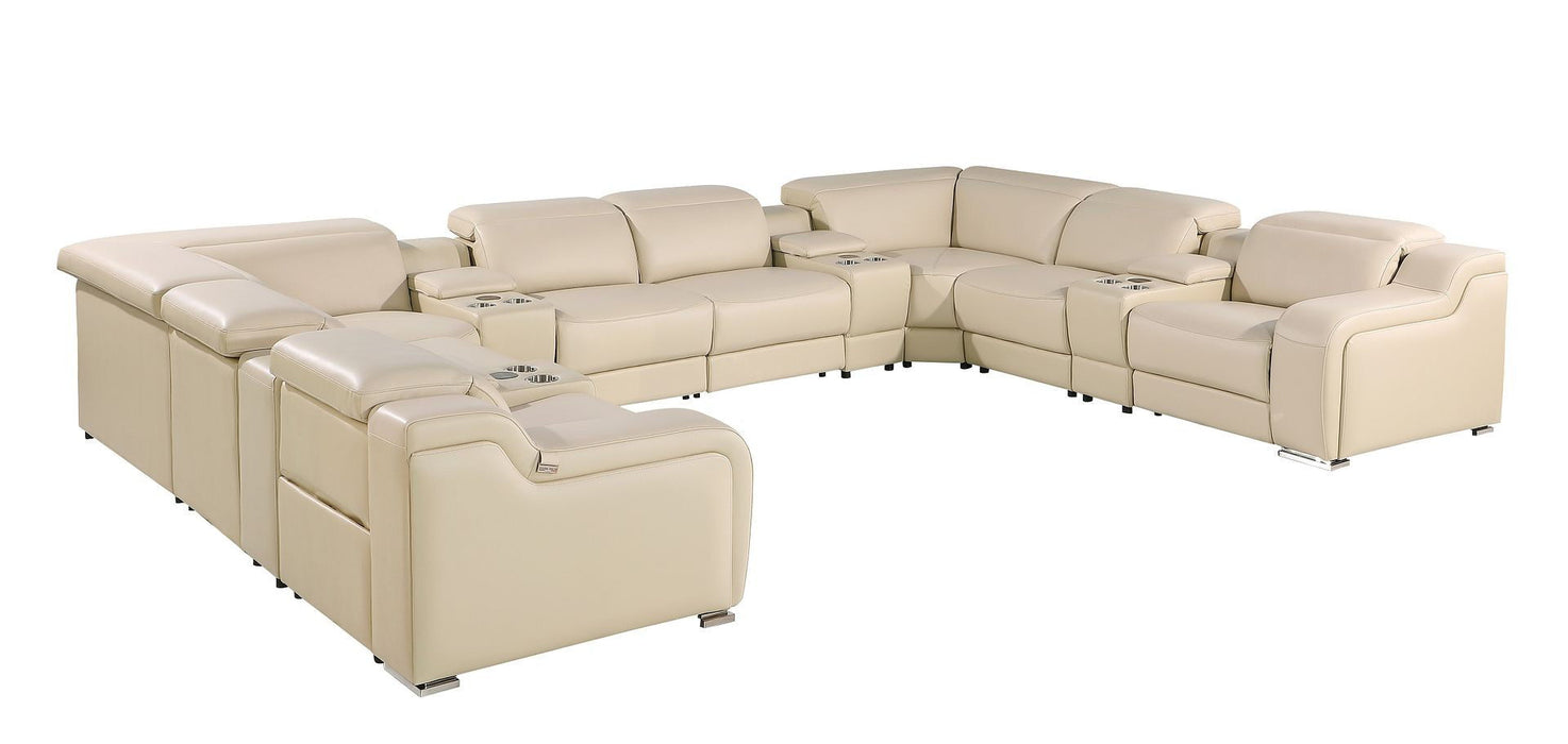 Italian Leather Power Reclining U Shaped Twelve Piece Corner Sectional With Console - Beige