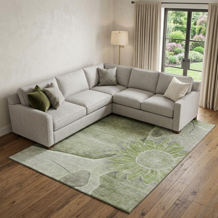 10' X 14' Floral Washable Area Rug With UV Protection (656783) - Artichoke Green / Gray / Ivory