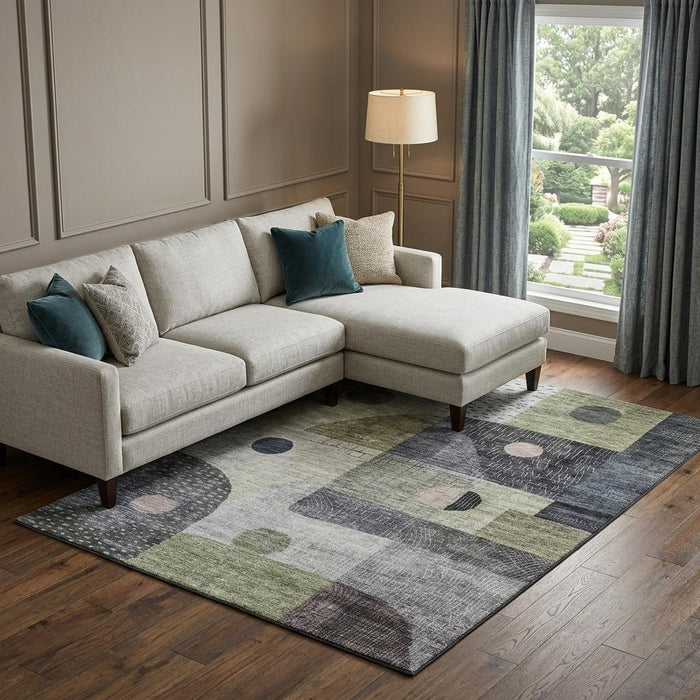 10' X 14' Geometric Washable Area Rug With UV Protection (684786) - Artichoke Green / Silver / Gray