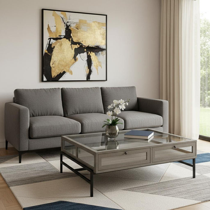 Gray and black glass and metal square coffee table with shelf, modern HomeRoots coffee table for living room decor.