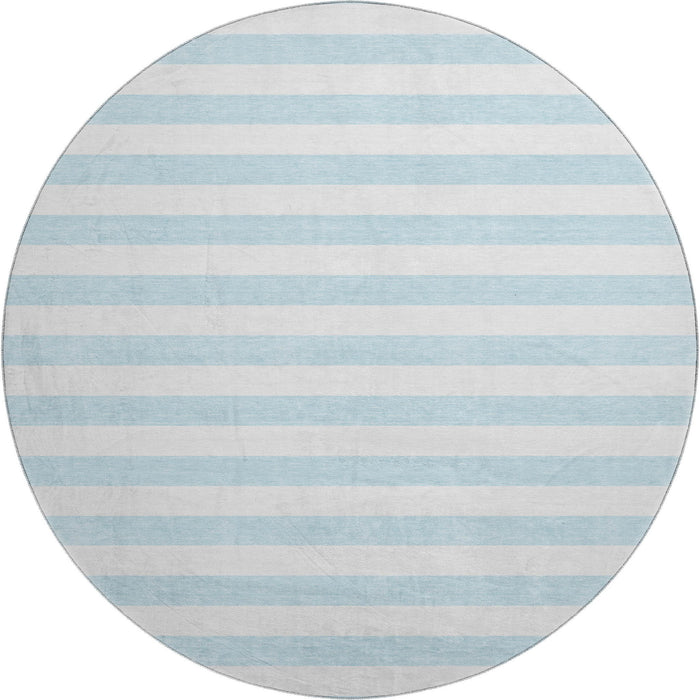8' Striped Washable Round Rug With UV Protection (647659) - Sky Blue / Ivory