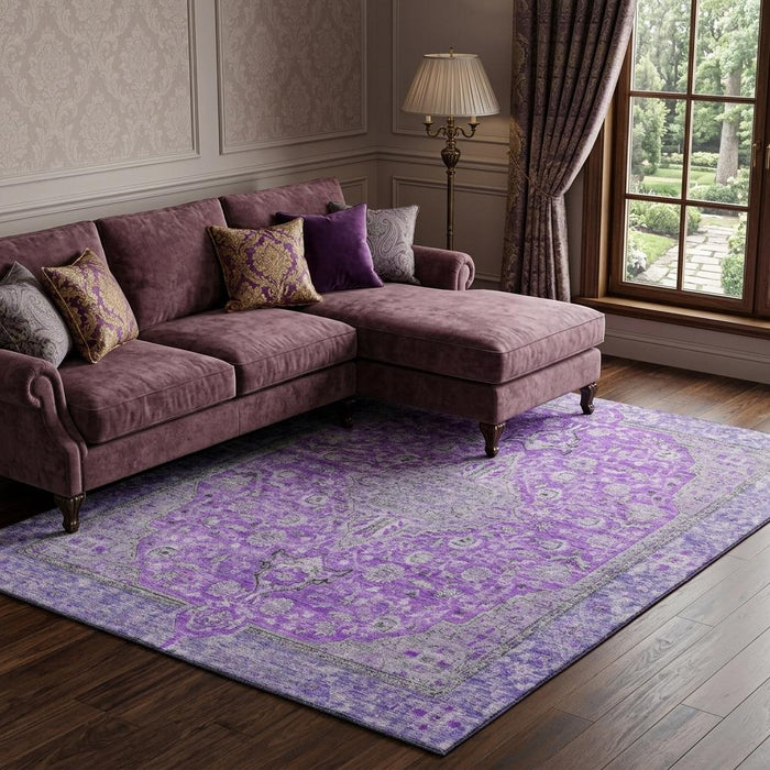 10' X 14' Floral Medallion Washable Area Rug With UV Protection (696134) - Purple / Gray