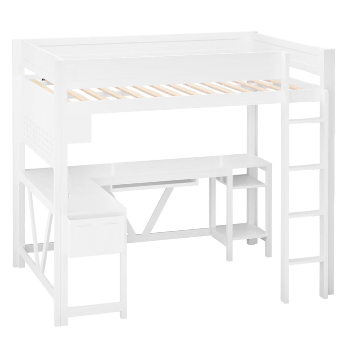 Giga gaming loft bed with integrated desk, storage shelves, LED lighting, and charging station for a functional gaming space.
