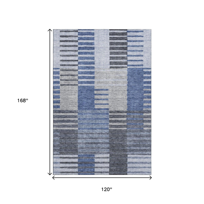 10' X 14' Striped Washable Area Rug With UV Protection (656250) - Blue / Ivory / Gray