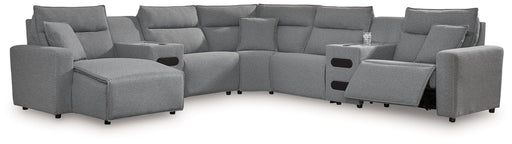 Signature Design by Ashley Modmax II 7-piece reclining sectional sofa with plush cushions and modern design, shown in a stylish living room setting.