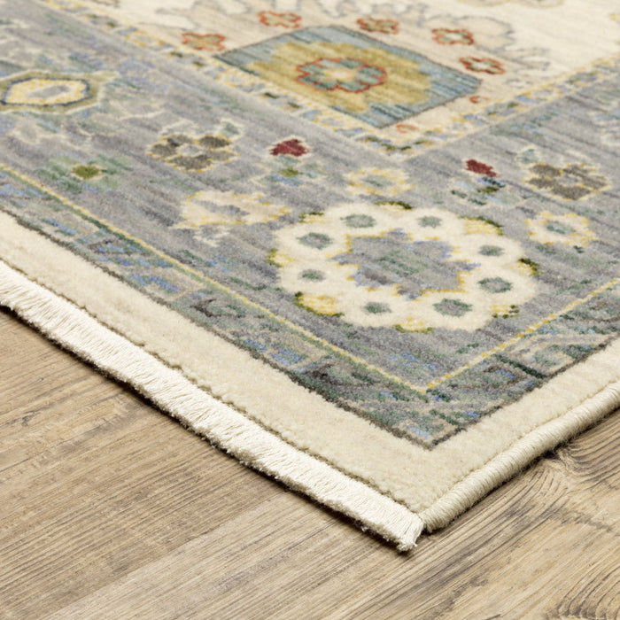 8' x 11' Oriental Power Loom Stain Resistant Area Rug With Fringe - Ivory Blue Gray Teal Gold Green And Rust