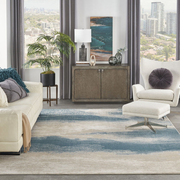 13' X 9' Modern Abstract Non Skid Area Rug - Ivory And Teal