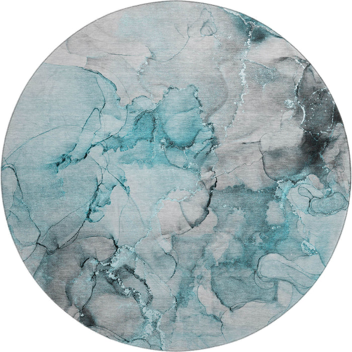 8' Abstract Washable Round Rug With UV Protection (647317) - Teal / Gray / Ivory