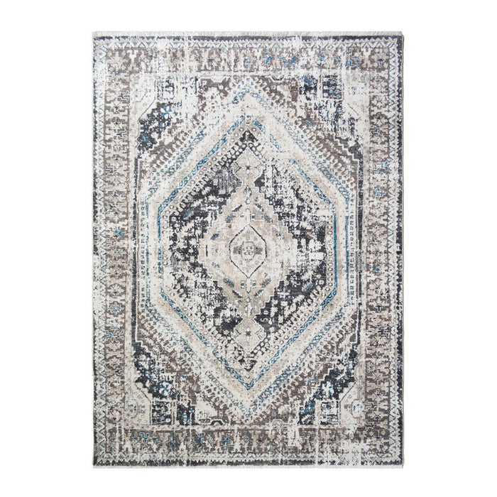 9' x 13' Geometric Distressed Area Rug With Fringe - Gray Beige And Blue