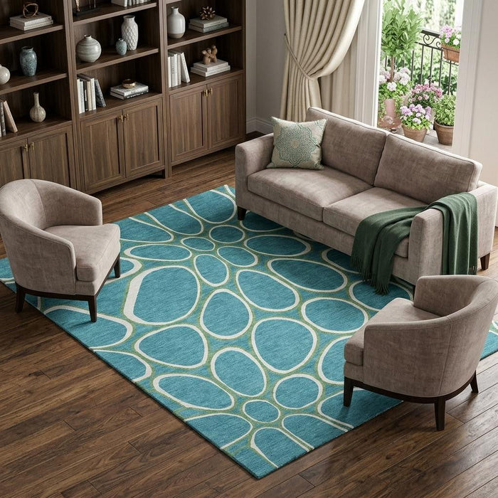 10' X 14' Geometric Washable Area Rug With UV Protection (681725) - Teal / Ivory / Green