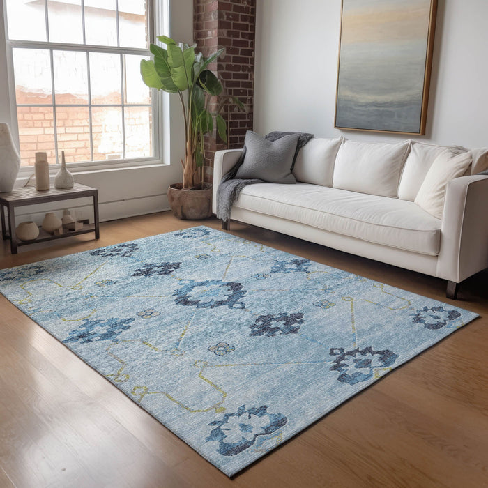 8' X 10' Floral Medallion Washable Area Rug With UV Protection - Blue And Olive