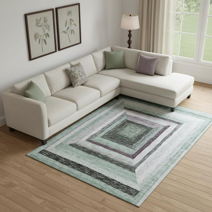 10' X 14' Geometric Washable Area Rug With UV Protection (709354) - Pale Aqua / Ivory / Gray