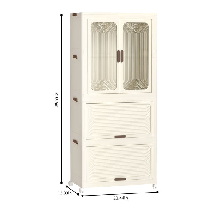 Cream white Giga portable wardrobe closet with magnetic doors, hanging rod, and storage compartments in a compact design.