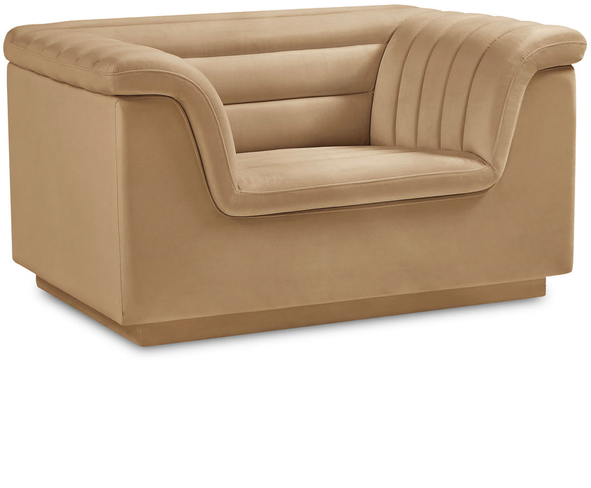 Meridian Furniture Cascade velvet arm chair with plush fabric and modern design, shown in a cozy living room setting.