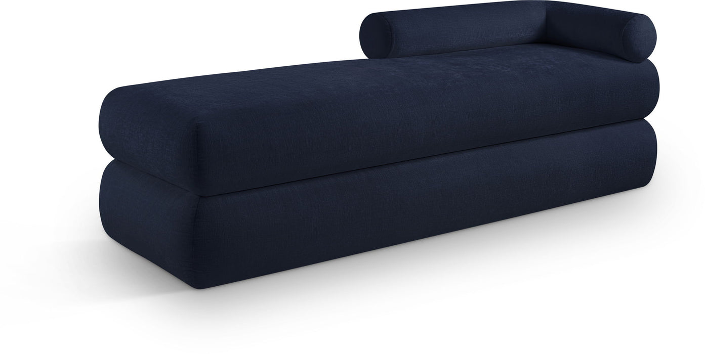 Meridian Furniture Kennedy chenille upholstered bench with wooden legs, stylish and comfortable seating for entryways or living rooms.