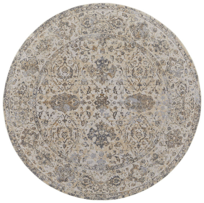 8' Round Oriental Power Loom Distressed Area Rug - Ivory And Brown