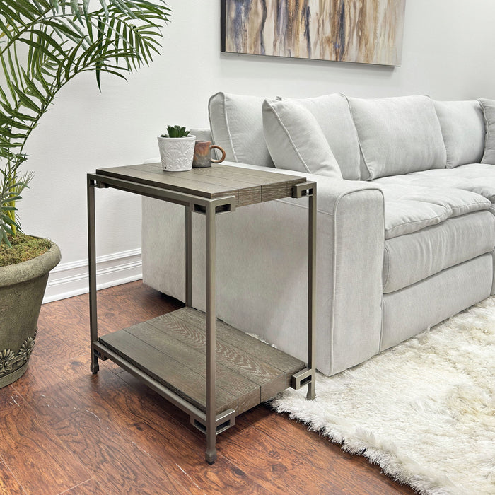 Giga Corbeta 3-piece metal frame wood coffee table and chairside tables set in aged graphite brown, with sleek modern design.