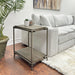 Giga Corbeta 3-piece metal frame wood coffee table and chairside tables set in aged graphite brown, with sleek modern design.