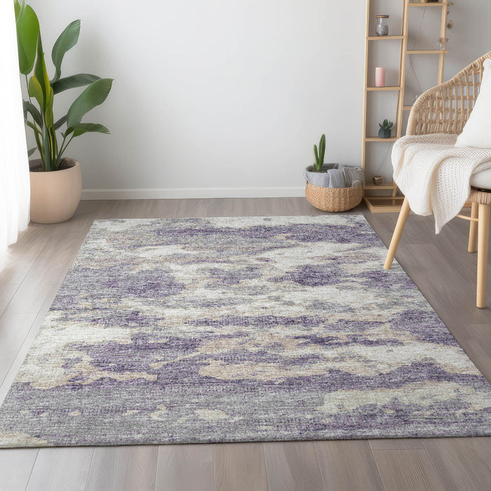 10' X 14' Abstract Washable Area Rug With UV Protection - Purple / Ivory
