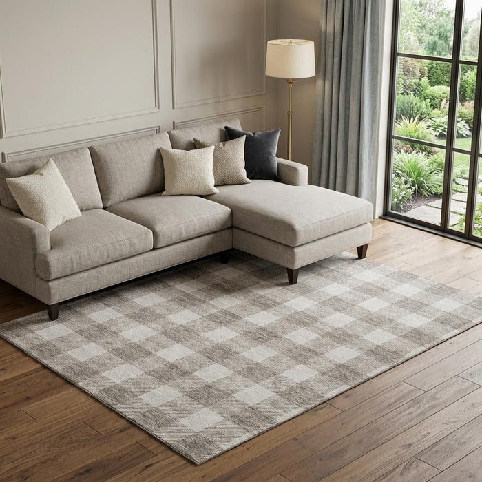 10' X 14' Plaid Washable Area Rug With UV Protection (673423) - Taupe / Ivory