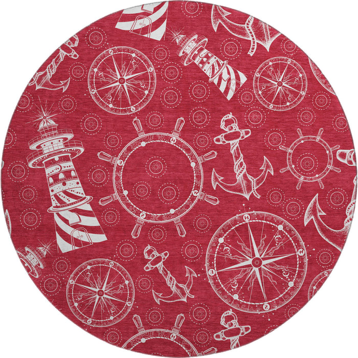 8' Nautical Washable Round Rug With UV Protection - Red And Ivory