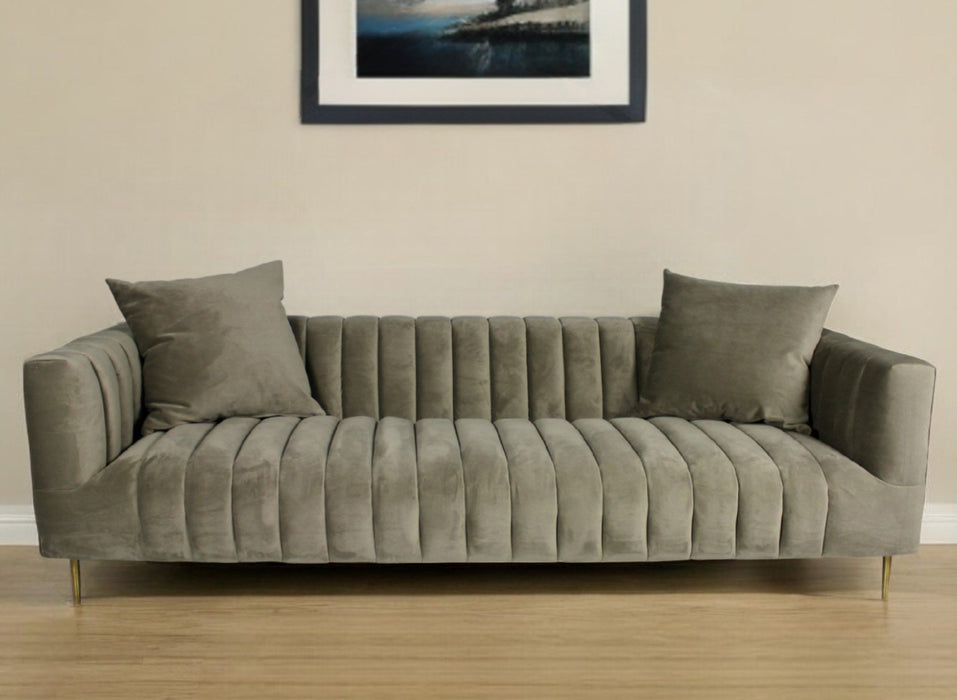 Velvet Sofa And Toss Pillows With Gold Legs - Gray Brown