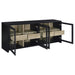 Black Denison 3-piece entertainment center with 79-inch TV stand from CoasterEveryday, featuring open shelves and storage compartments.
