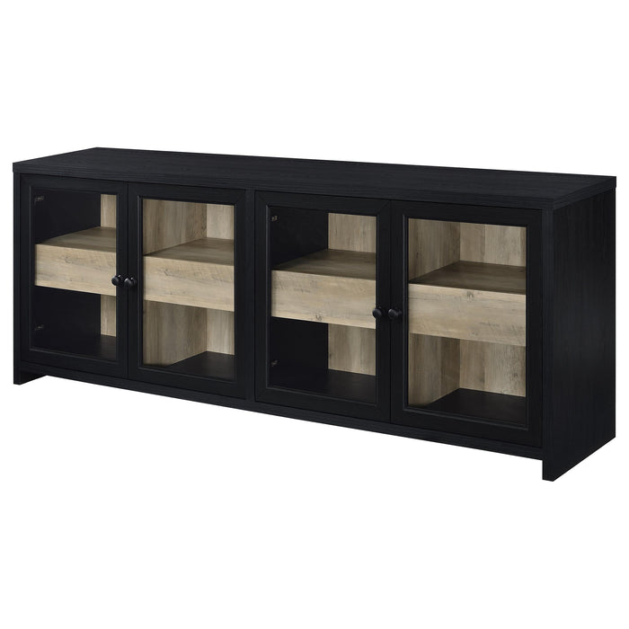Black Denison 3-piece entertainment center with a 79-inch TV stand, featuring open shelves and storage compartments, by CoasterEveryday.