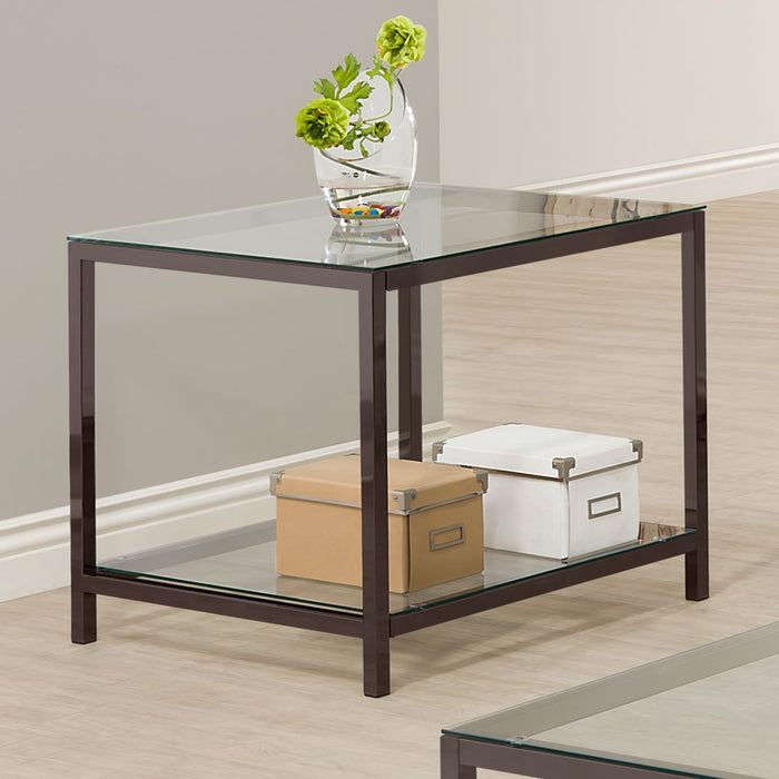 CoasterEssence Trini black nickel side end table with glass top and one shelf