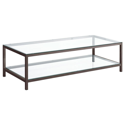 CoasterEssence Trini 1-shelf glass top coffee table in black nickel with sleek metal frame