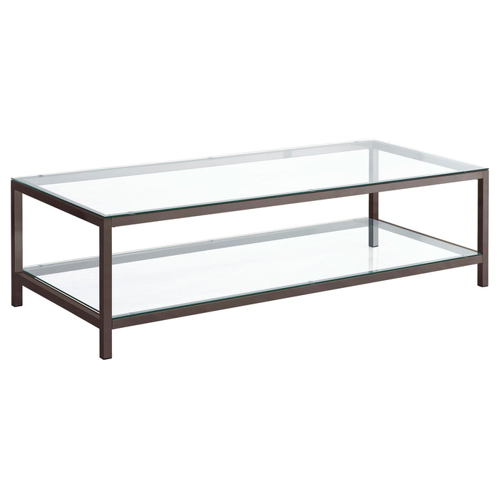 CoasterEssence Trini 1-shelf glass top coffee table in black nickel with sleek metal frame
