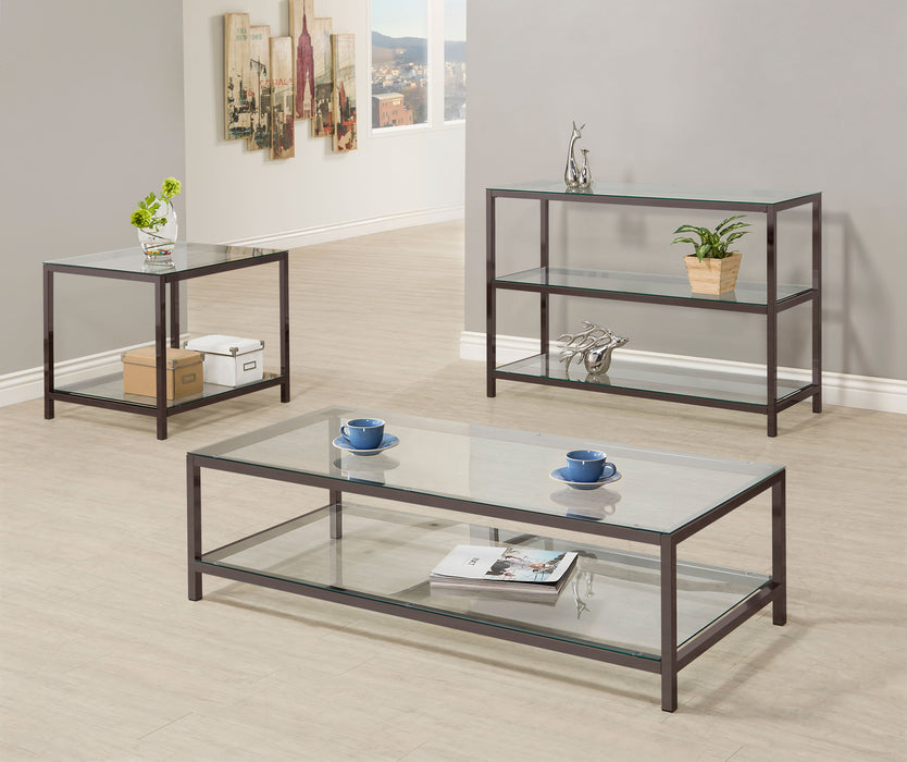 CoasterEssence Trini 1-shelf glass top coffee table in black nickel frame