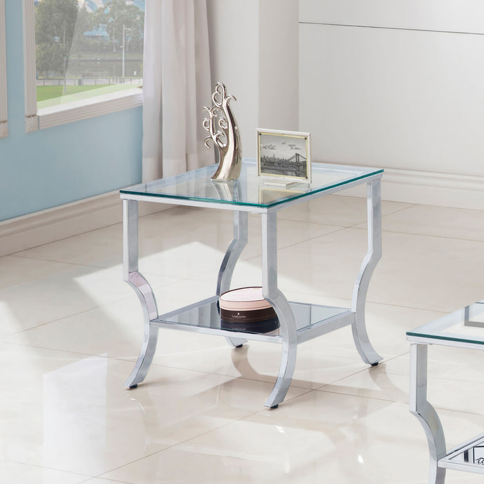 CoasterEssence Saide square glass top side end table with chrome metal frame
