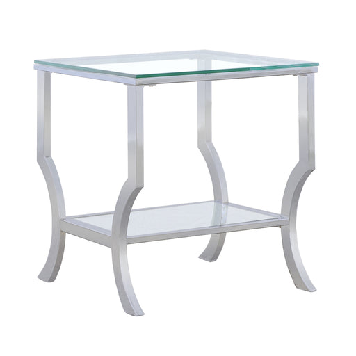 CoasterEssence Saide square glass top side end table with a sleek chrome frame
