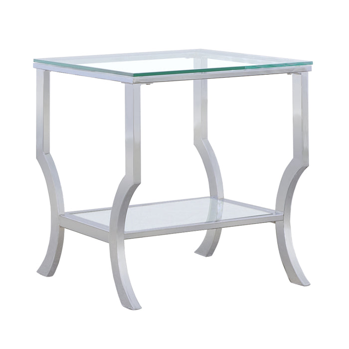 CoasterEssence Saide square glass top side end table with a sleek chrome frame