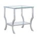 CoasterEssence Saide square glass top side end table with a sleek chrome frame