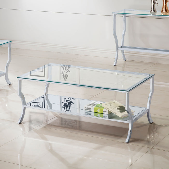 Saide rectangular glass top coffee table by CoasterEssence with sleek chrome frame
