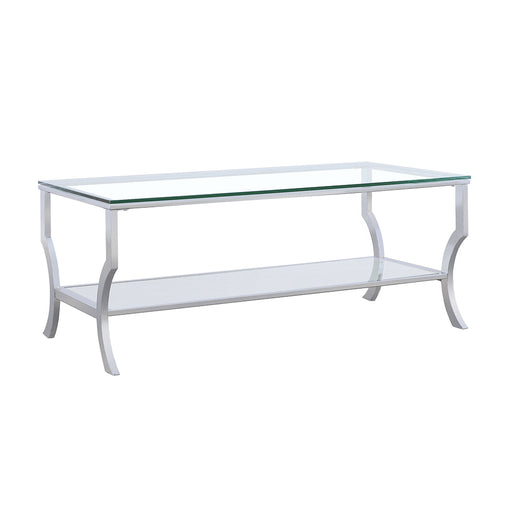 CoasterEssence Saide rectangular coffee table with clear glass top and chrome frame