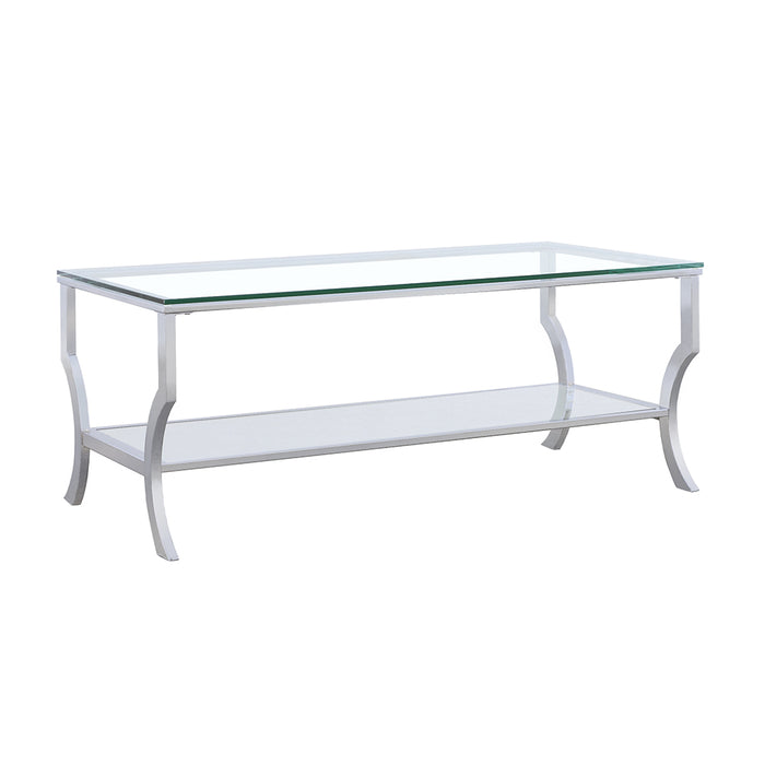 CoasterEssence Saide rectangular coffee table with clear glass top and chrome frame