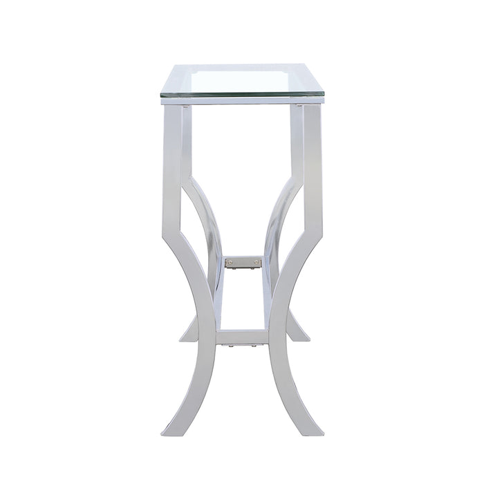 Saide rectangular glass top entryway console table by CoasterEssence with a chrome frame